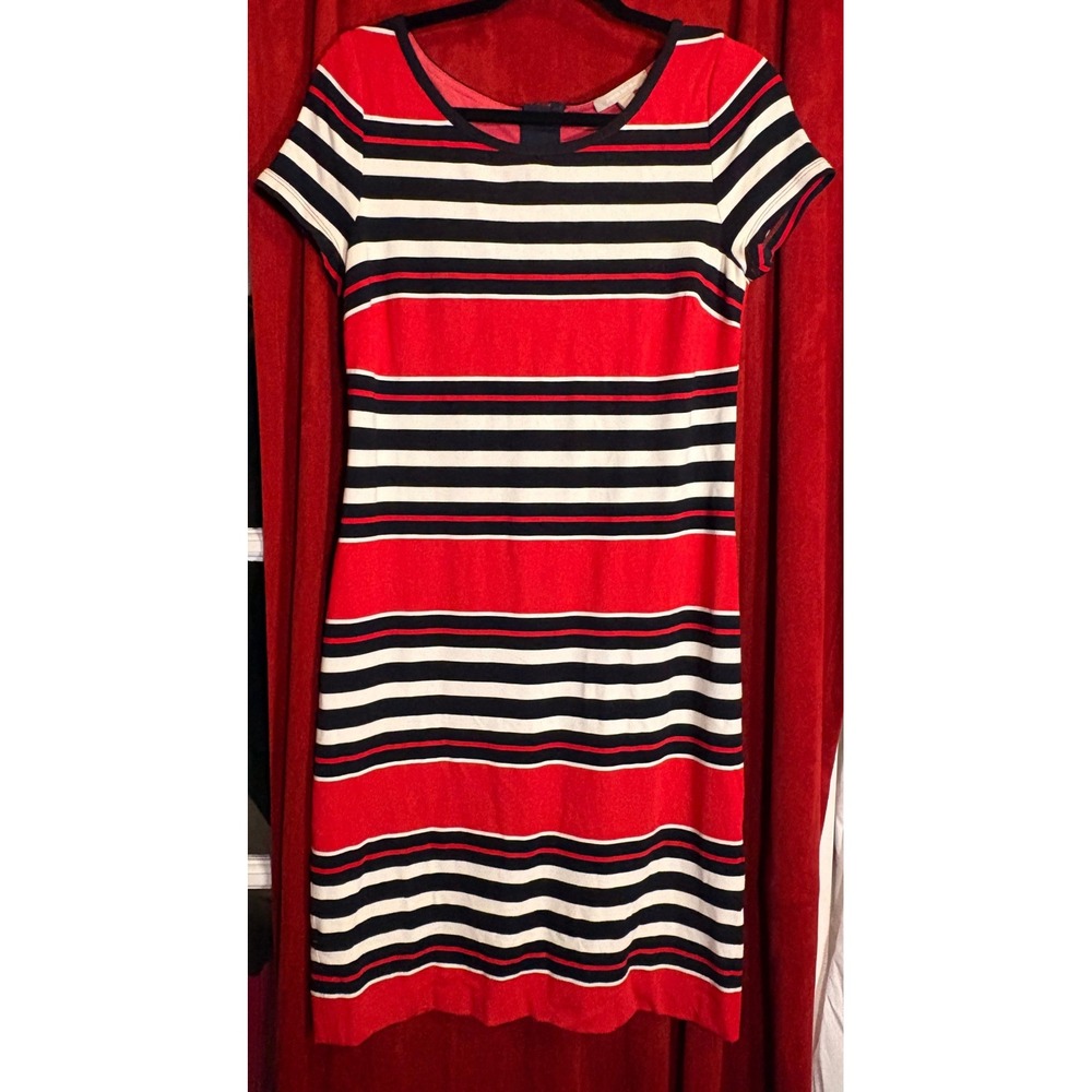 Banana Republic Striped Sheath Dress‎ Womens 8 Red Navy Good Short Sleeve 970497